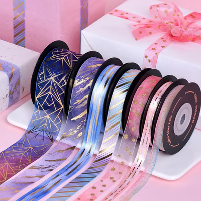 Beli Gold Foil Chiffon Ribbon Printing Custom Logo Satin 100% Polyester Untuk Packaging Roll online manufacture