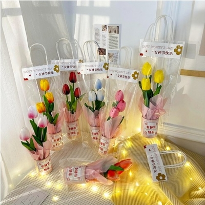 Harga yang bagus Simulasi PU Tulip Hug Bucket Cute Wool Flower Hug Blessing Gift Creative Festival Holiday Gift Grosir on line