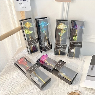 Harga yang bagus Hadiah Hari Valentine Qixi Gold Foil Rose Flower Window Kotak Hadiah PVC Pengemasan Dengan Light Stall Bouquet 10x28cm Variety Rose on line