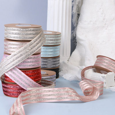Beli Jepang Sparkling Pink Stripe Ribbon DIY Bow Hair Accessories Dress Accessories Silver Onion Stripe Flower Gift Product straps online manufacture