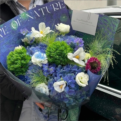 Beli New Qixi Festival bunga buket kertas pembungkus, seri kertas biru populer, Valentine's Day gaya lukisan minyak bunga kertas pembungkus online manufacture
