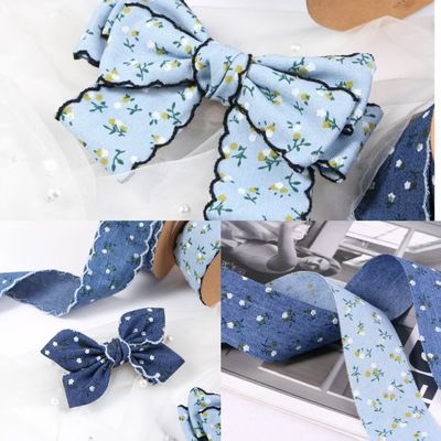 Beli Tepi Kuncup/Tepi Lurus 2.5cm Pita Denim Imitasi Bunga Kecil Satu Sisi Kotak Hadiah Kemasan DIY Pita Kepala Warna Tahan Luntur pembuatan online
