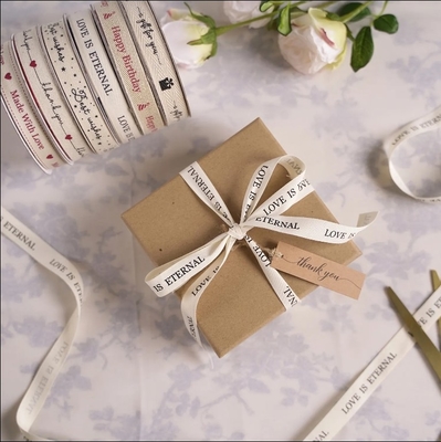 Harga yang bagus Dekorasi bungkus kotak yang dipersonalisasi Natural Herringbone Cotton Ink Printed Ribbon for Gift & Flower on line