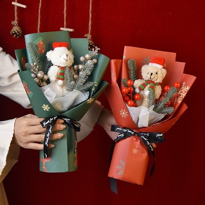 Harga yang bagus Buket Bunga Natal buatan tangan Bunga buatan rajutan Natal Bear Boneka Bunga Buket Malam Natal Hadiah Santa Claus Bunga Buket on line