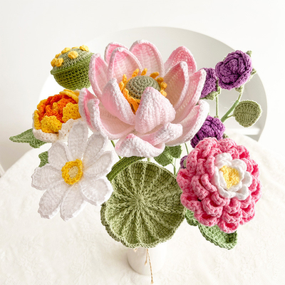 Harga yang bagus Handmade Knitted Pile Bunga Bungkus buatan dengan Kembang Lotus dan Peony Ornamen Desktop Rumah yang Cantik on line