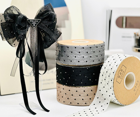Harga yang bagus Ribbon Ruling Pembungkus Hadiah 4cm dengan Titik Flocking dan Kerutan Pohon Ideal untuk bungkusan bunga dan aksesoris pakaian kepala on line