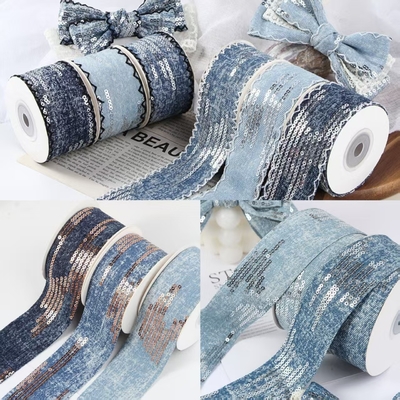 Harga yang bagus Busur Buatan Tangan Payet Tepi Potong Lurus Denim Anyaman Tahan Luntur Warna Aksesori Rambut Bahan DIY Aksesori Pakaian Tali 4cm/10m on line