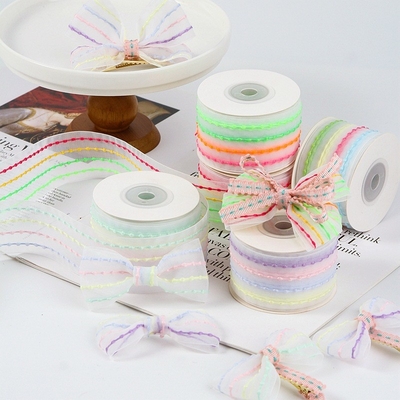 Harga yang bagus Pita Kasa Bergaris Empat Warna 4cm/10m Bahan Ramah Lingkungan untuk Aksesori Rambut DIY Pita Bunga Kemasan on line