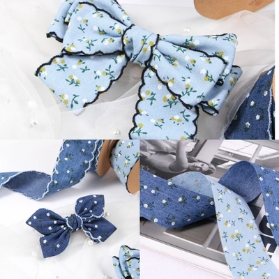 Harga yang bagus Tepi Kuncup/Tepi Lurus 2.5cm Pita Denim Imitasi Bunga Kecil Satu Sisi Kotak Hadiah Kemasan DIY Pita Kepala Warna Tahan Luntur on line