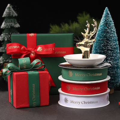 Harga yang bagus 25mm Pita Natal 1 Inch Pembungkus Kado Pita Satin Putih Merah Hijau on line