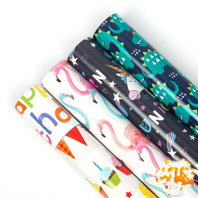 Harga yang bagus Flamingo Dan Dinosaurus Emas Bungkus Kado Kertas Gulung Desain Kartun Untuk Anak-Anak on line